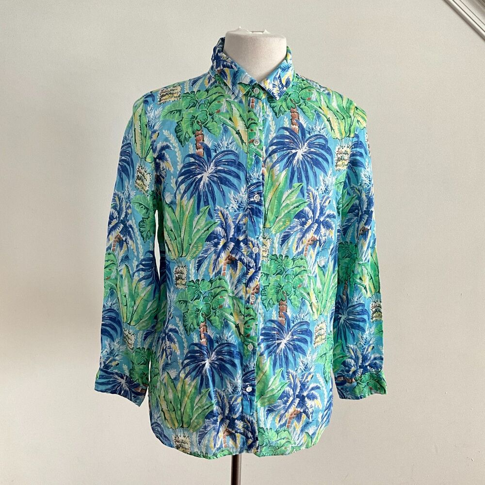 100 % Linen J McLaughlin Floral Palm Button Front Shirt L - Picture 6 of 10